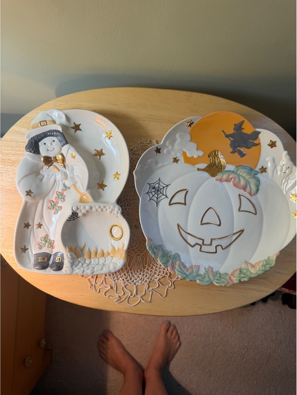 Lenox Halloween Ceramic Plates Set - Witch and Pumpkin Design